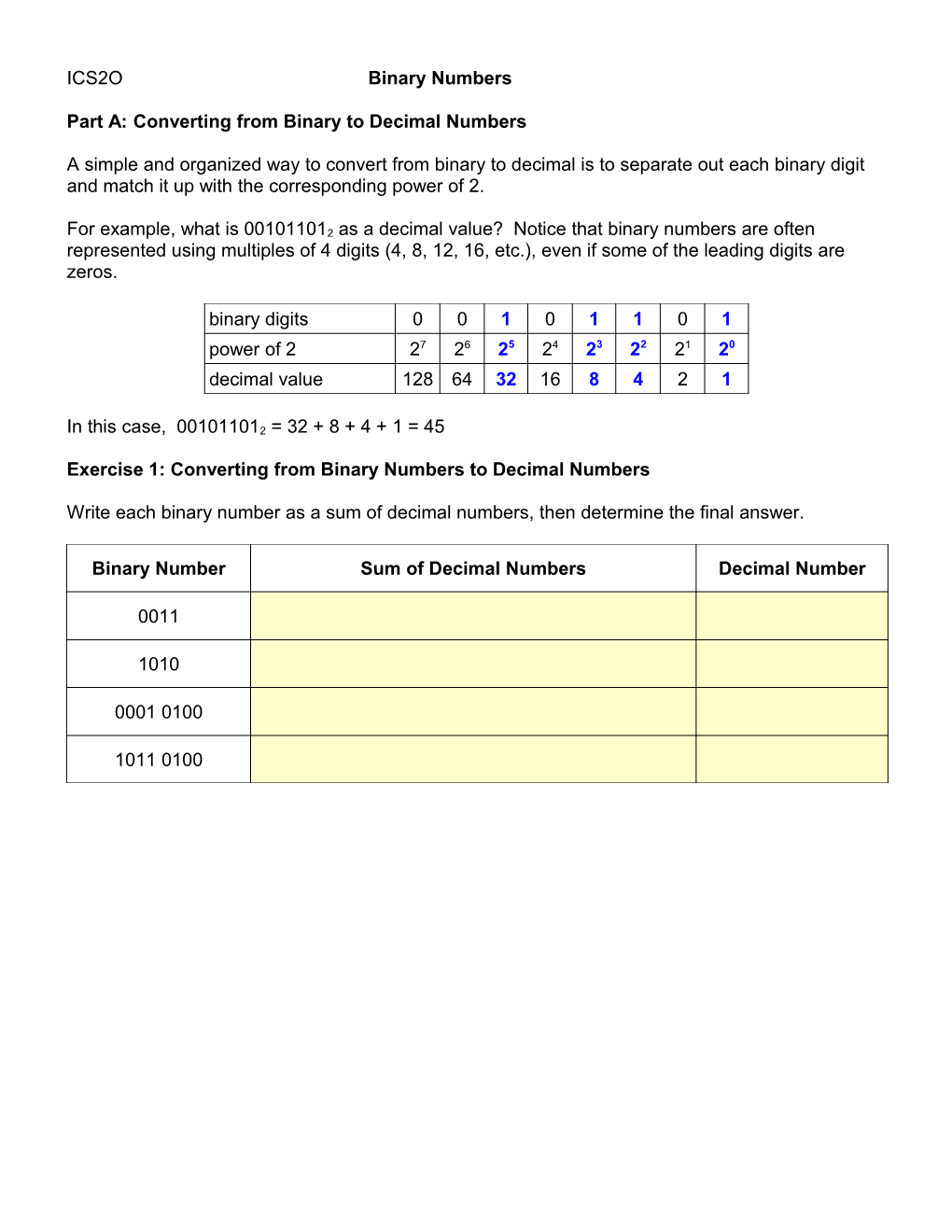 Part A: Converting from Binary to Decimal Numbers