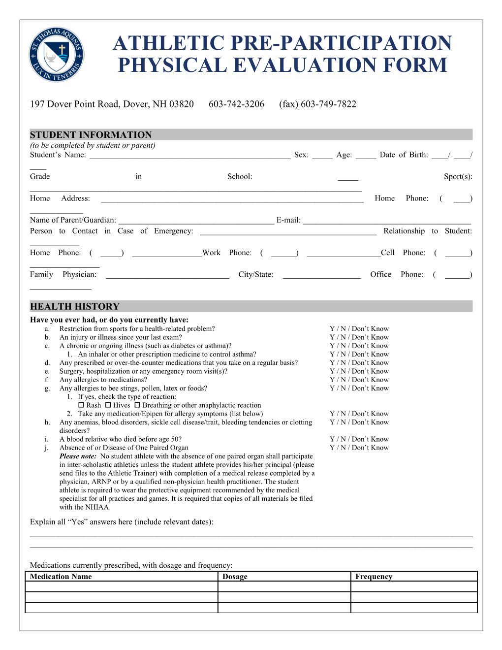 Athletic Pre-Participation Physical Evaluation Form
