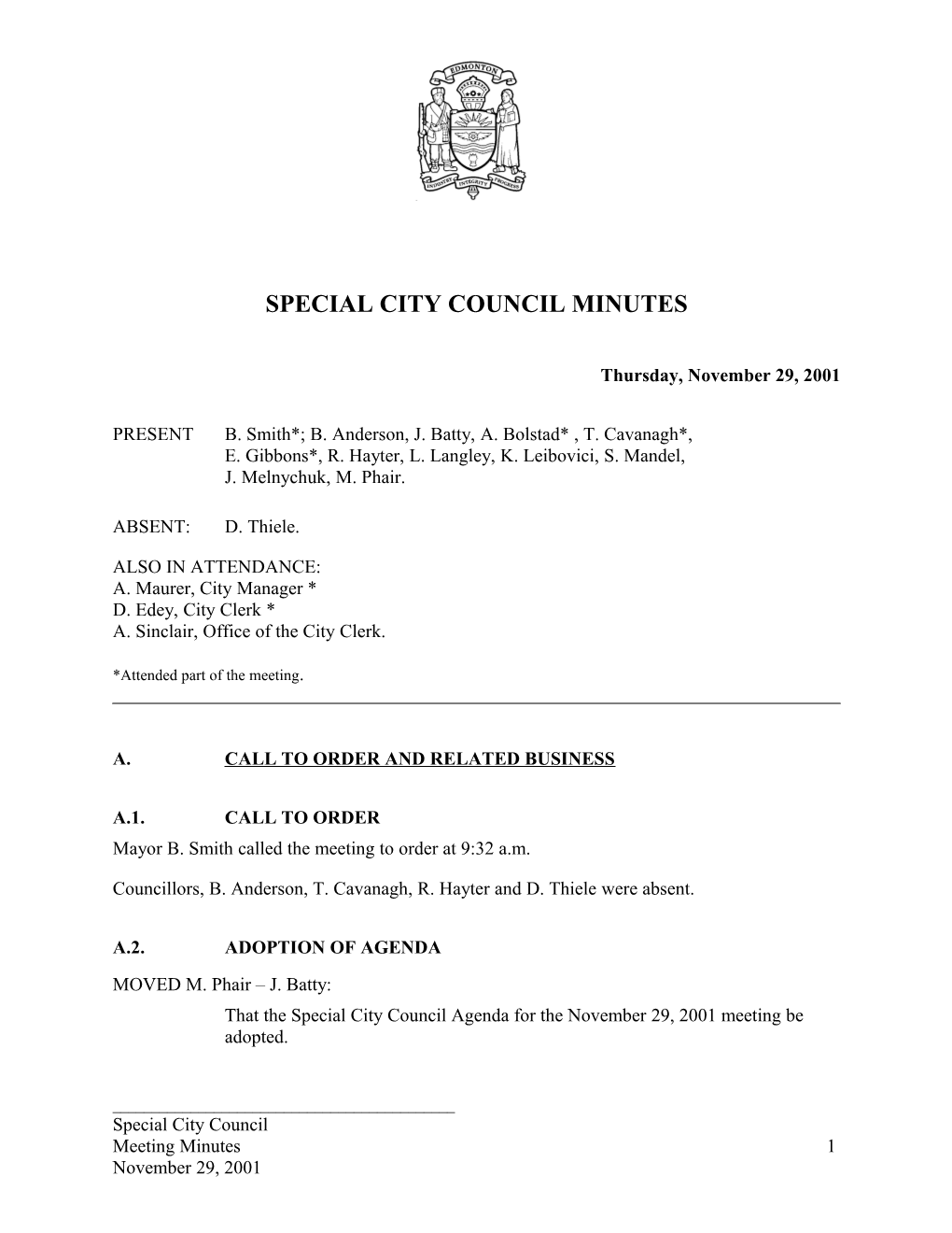 Minutes for City Council November 29, 2001 Meeting
