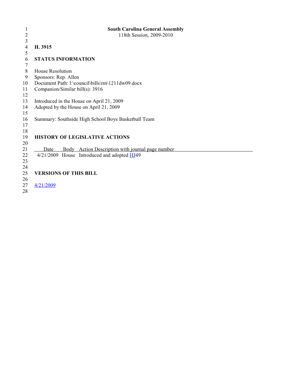 2009-2010 Bill 3915: Southside High School Boys Basketball Team - South Carolina Legislature