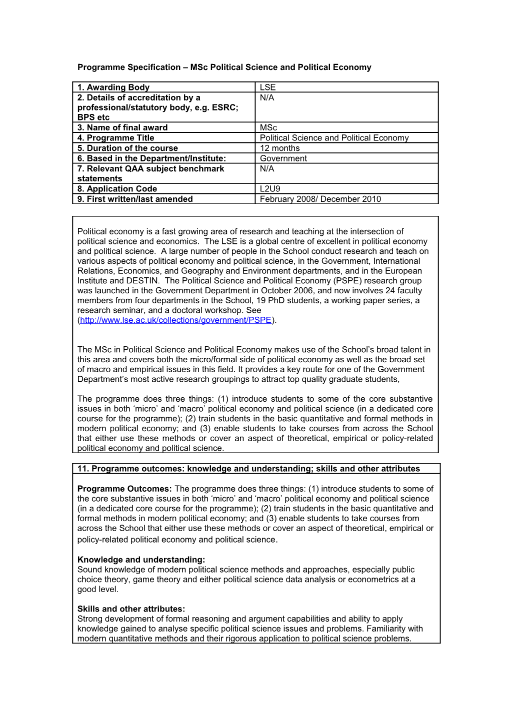 Programme Specification Msc Political Science and Political Economy