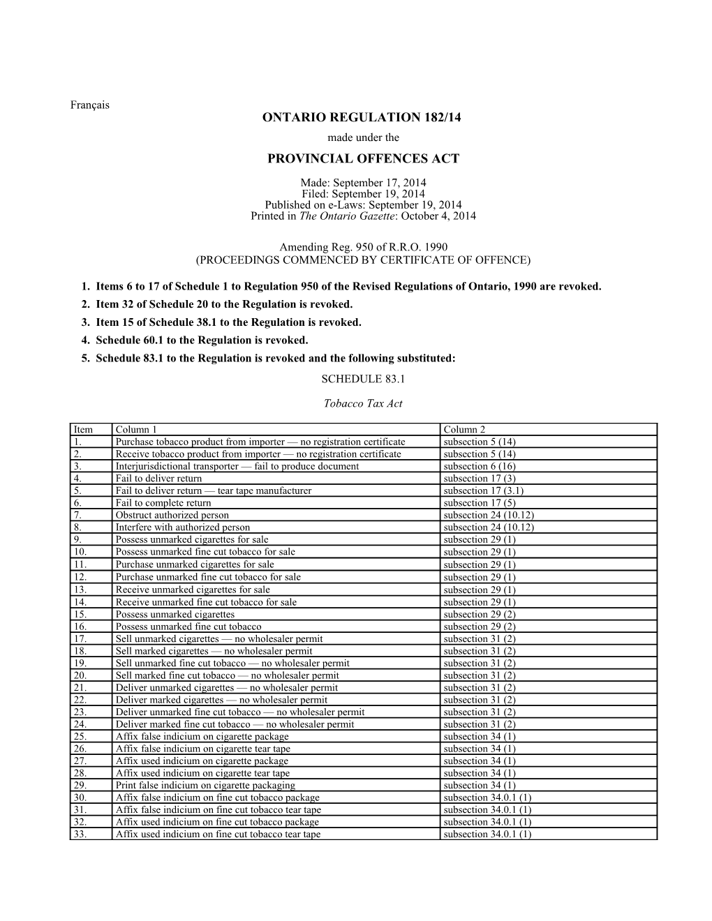 PROVINCIAL OFFENCES ACT - O. Reg. 182/14