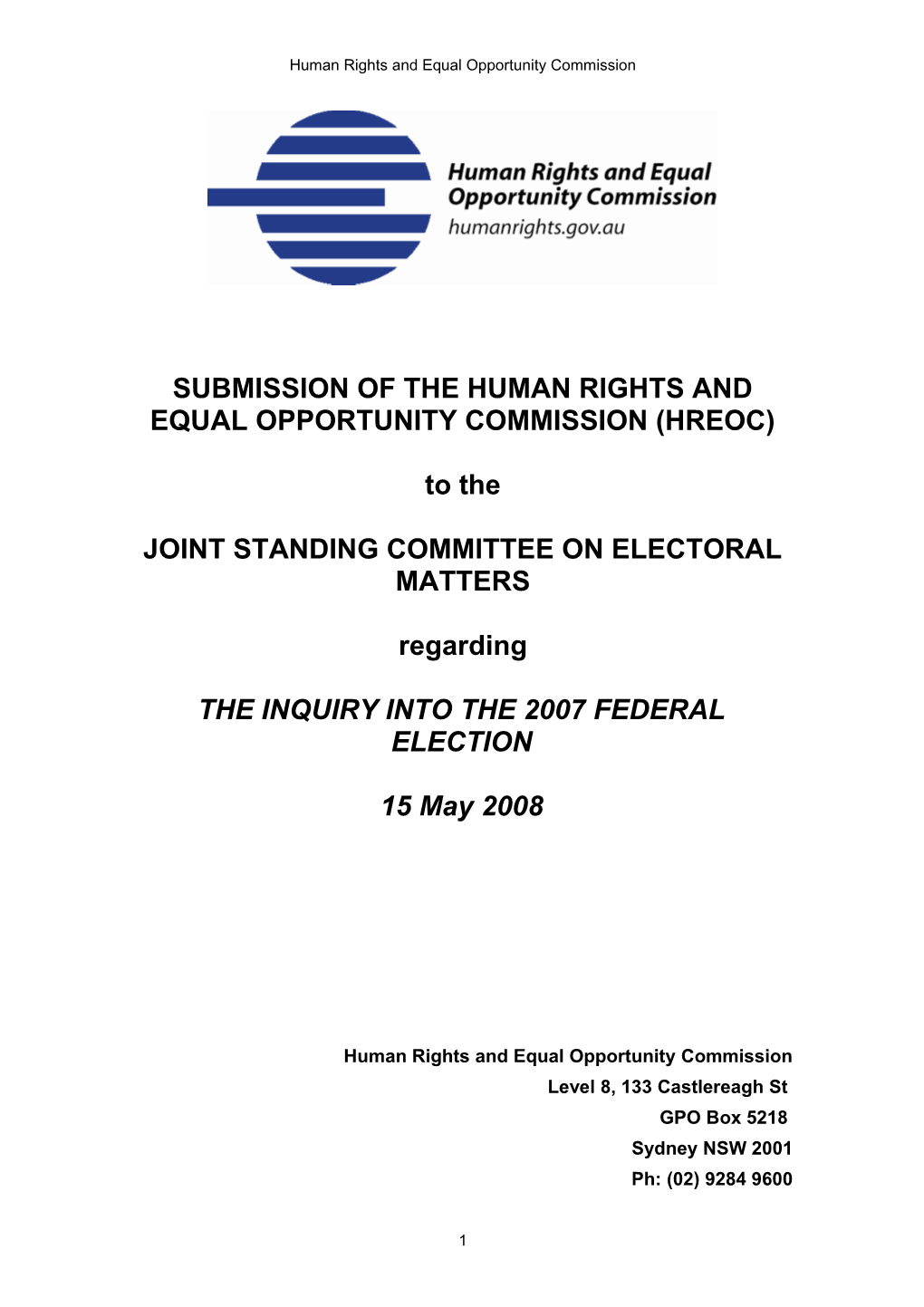 Submission of the Human Rights and Equal Opportunity Commission (Hreoc)