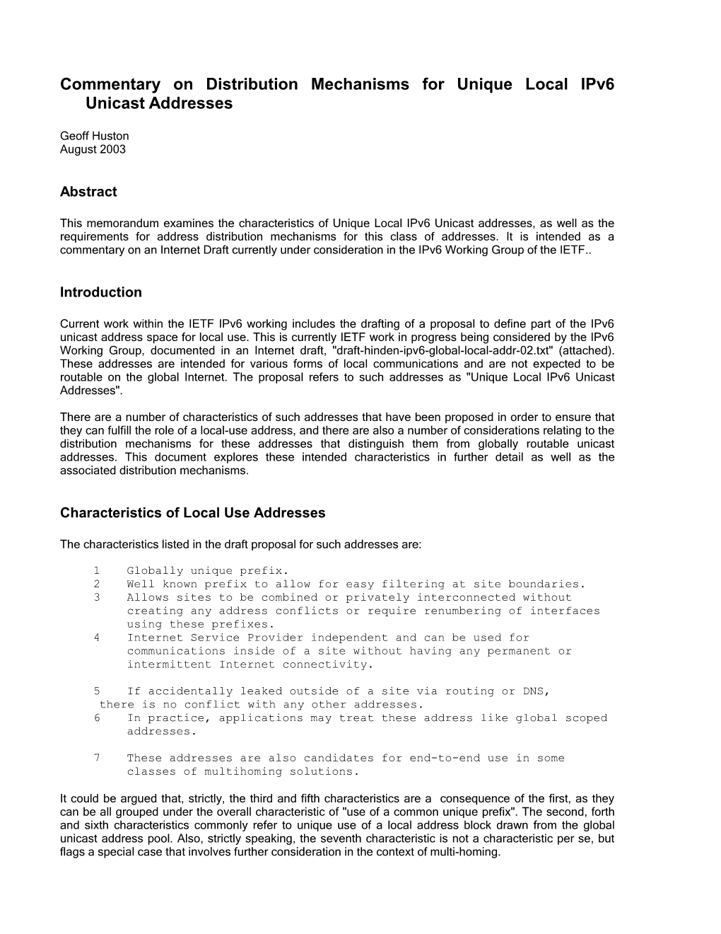 Address Distribution Mechanisms for Unique Local Ipv6 Unicast Addresses