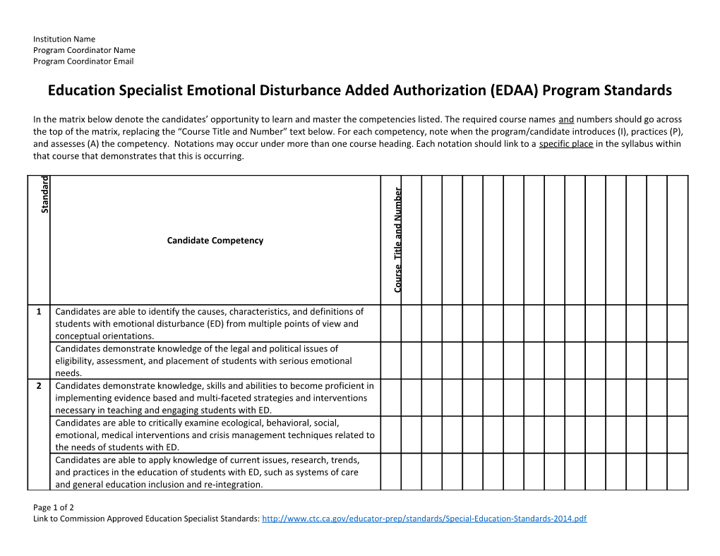 Education Specialist Emotional Disturbance Added Authorization (EDAA) Program Standards