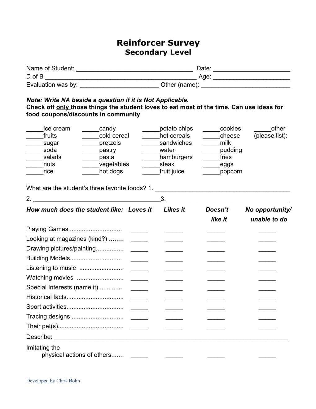 Reinforcer Survey