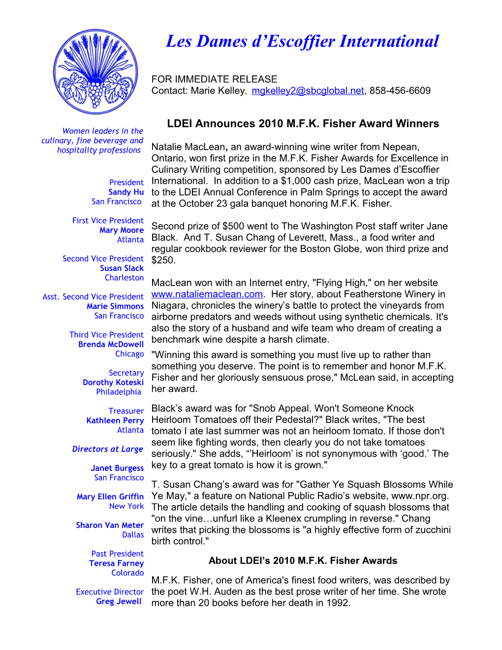 LDEI Announces2010 M.F.K. Fisher Award Winners