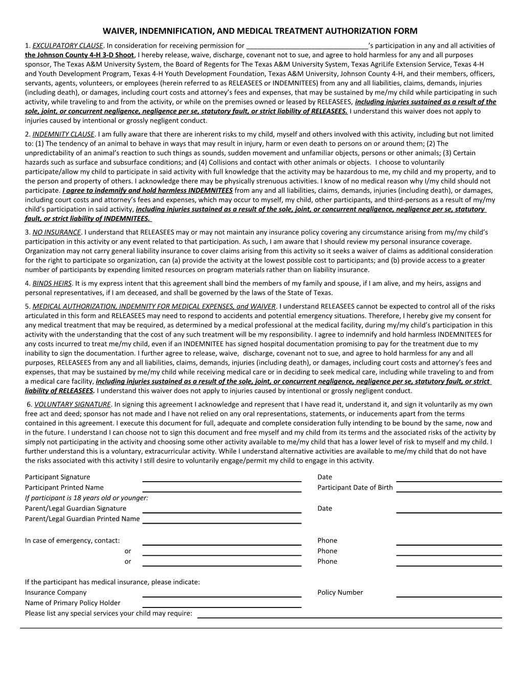 Waiver, Indemnification, and Medical Treatment Authorization Form