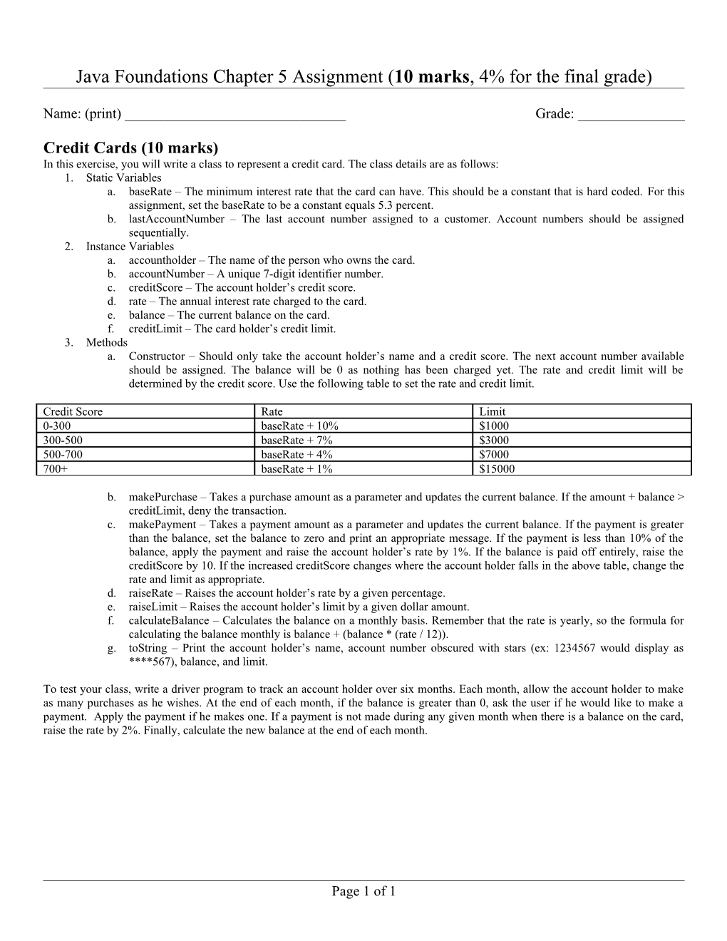 Java Foundations Chapter 5 Assignment (10 Marks, 4% for the Final Grade)