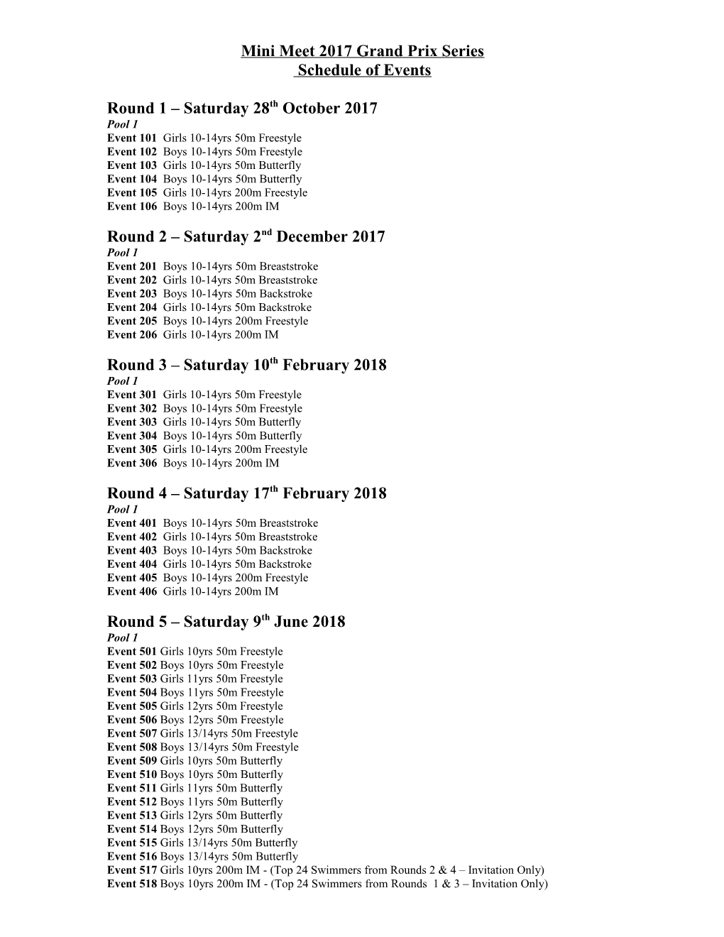 Mini Meet 2011 Grand Prix Series Schedule of Events
