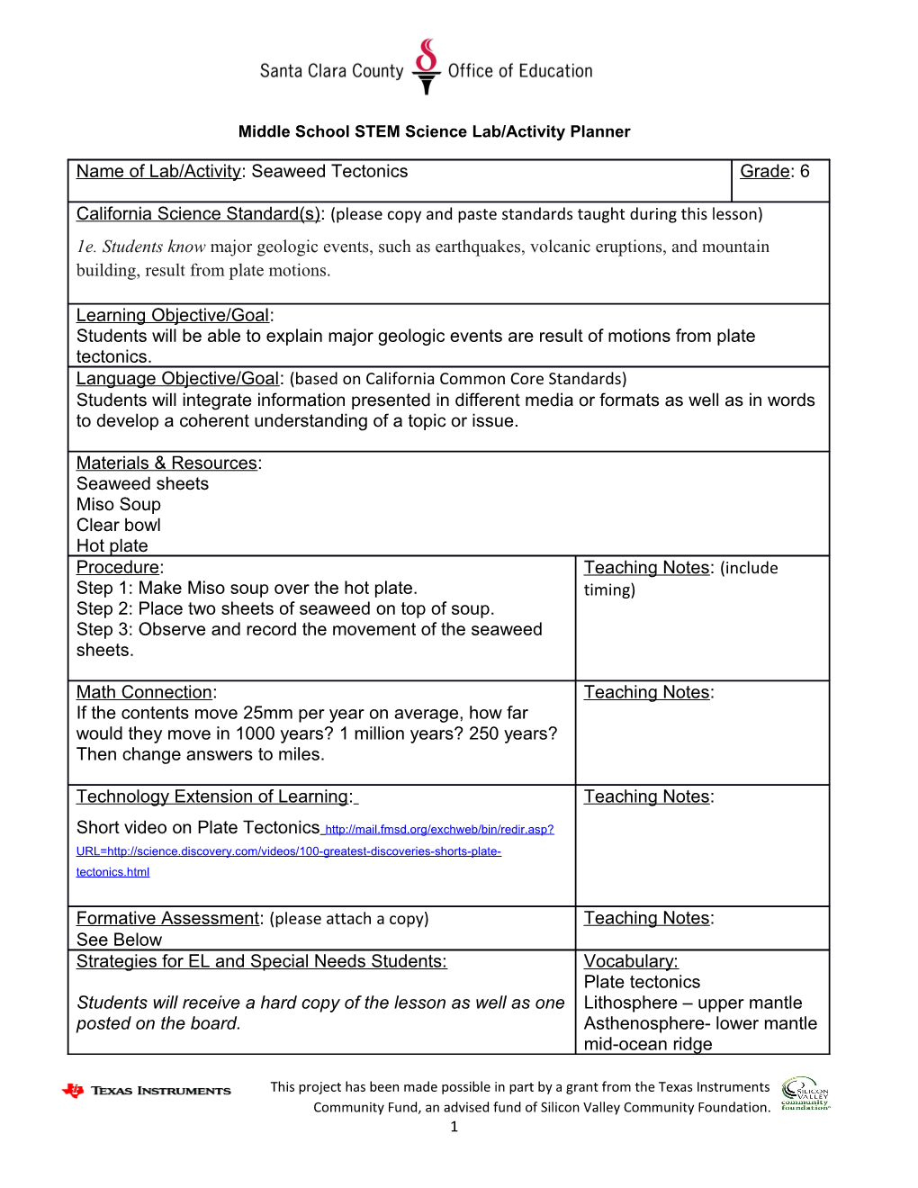 Middle School STEM Science Lab/Activity Planner s1