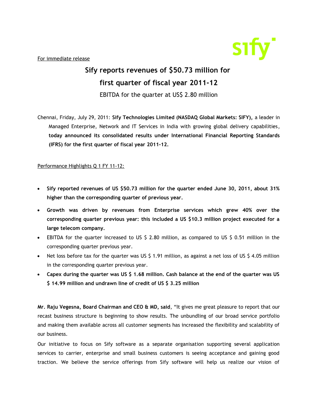 Sify Reports Revenues of $154