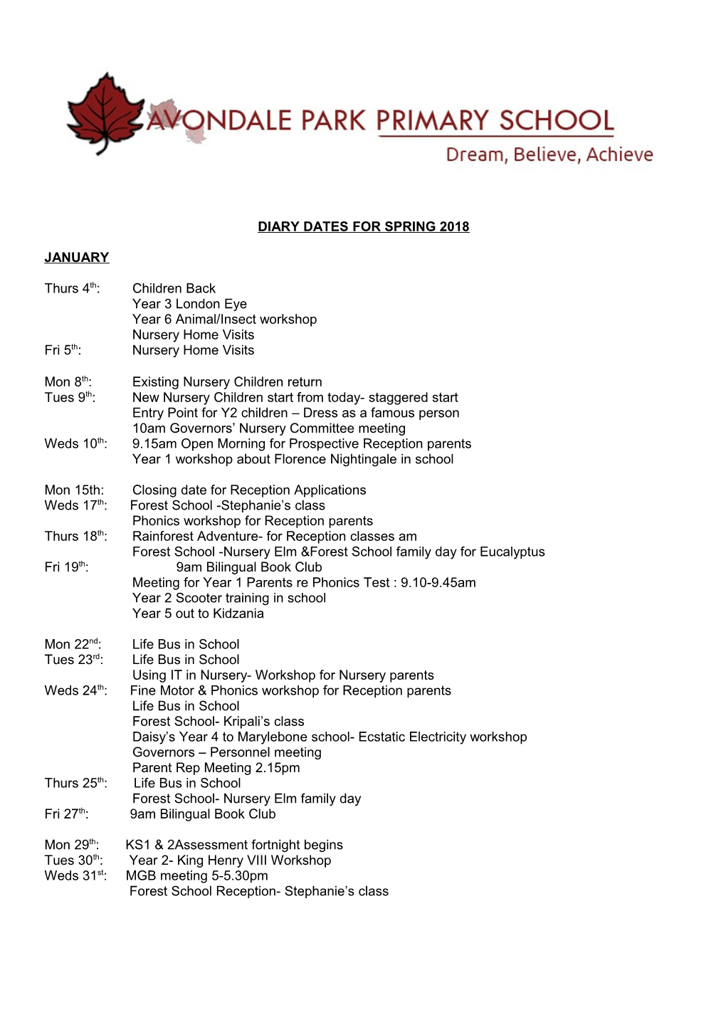 Avondale Park School Dairy Dates 2012-13