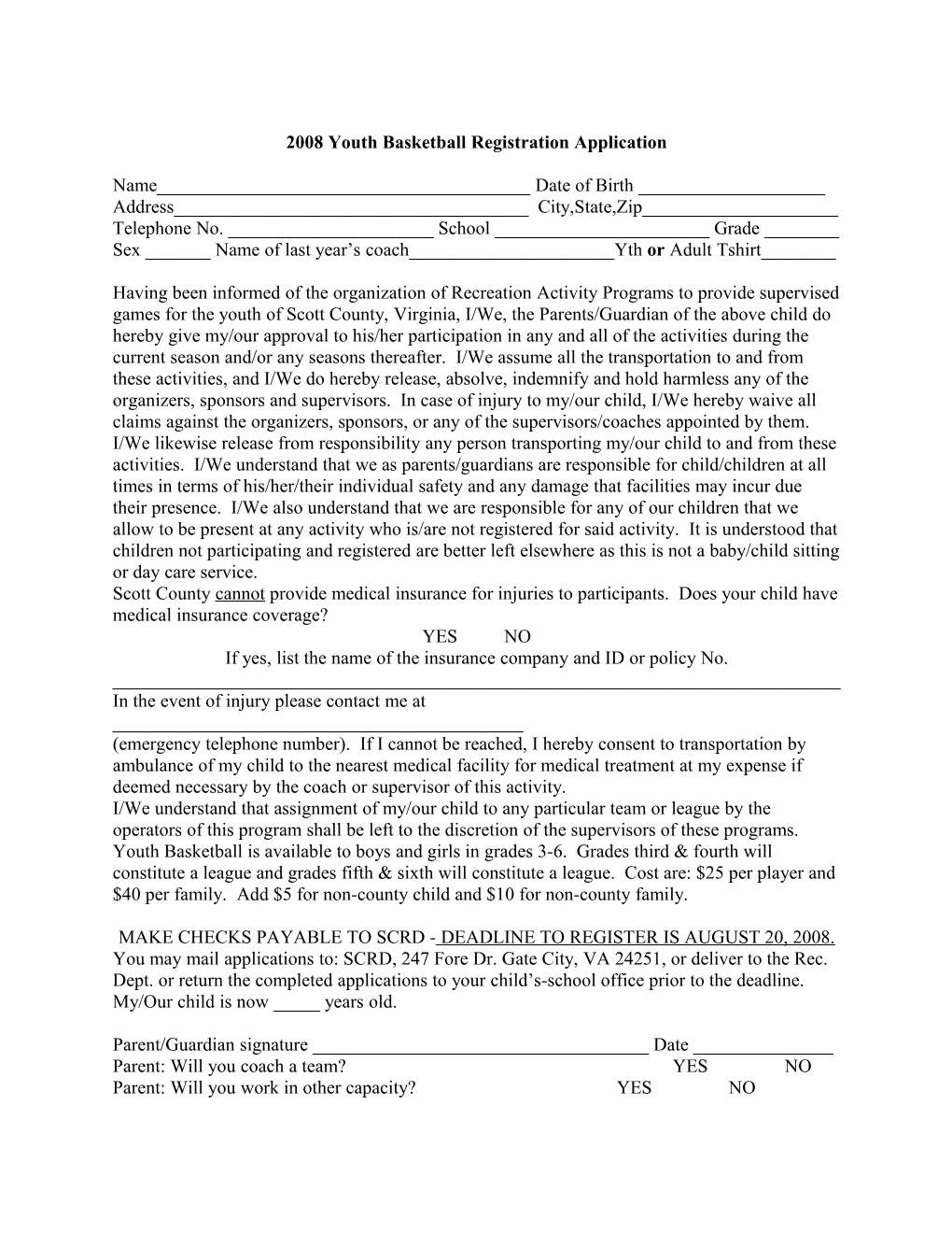 2005 Youth Basketball Registration Application