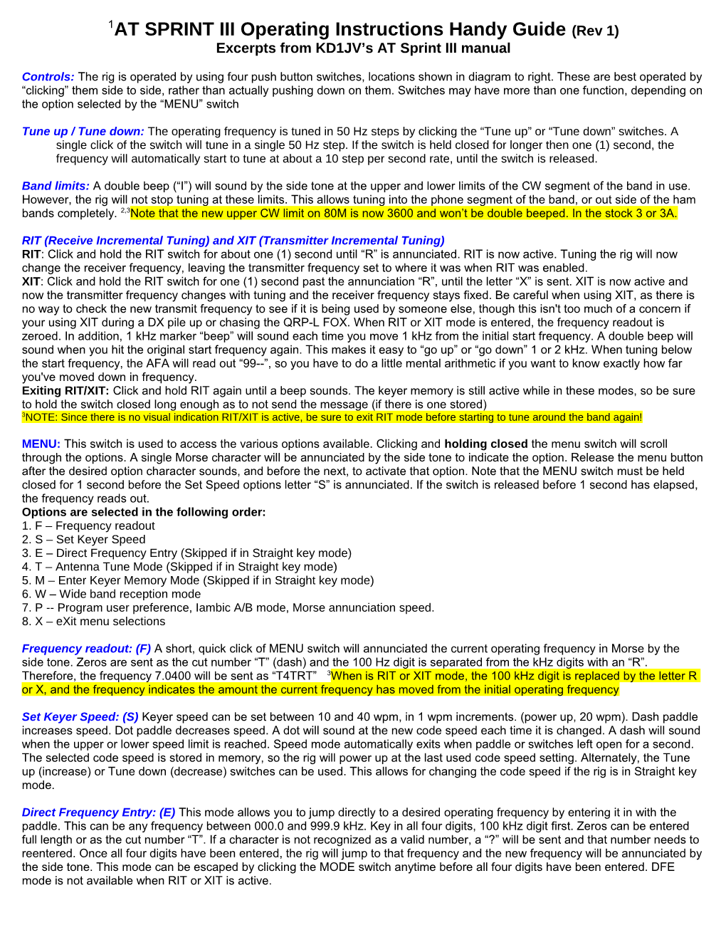 1 at SPRINT III Operating Instructions Handy Guide (Rev 1)