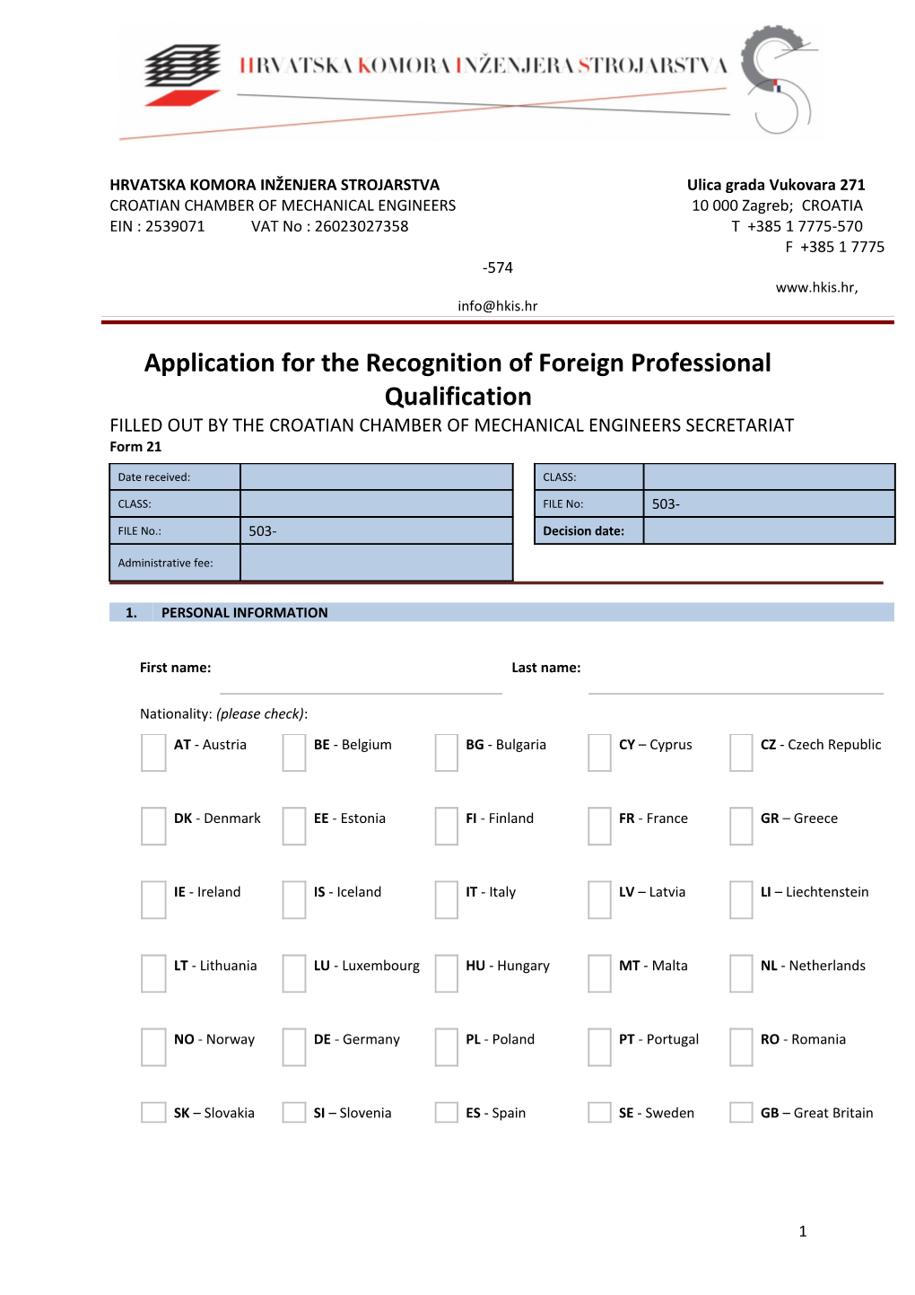 Application for the Recognition of Foreign Professional Qualification