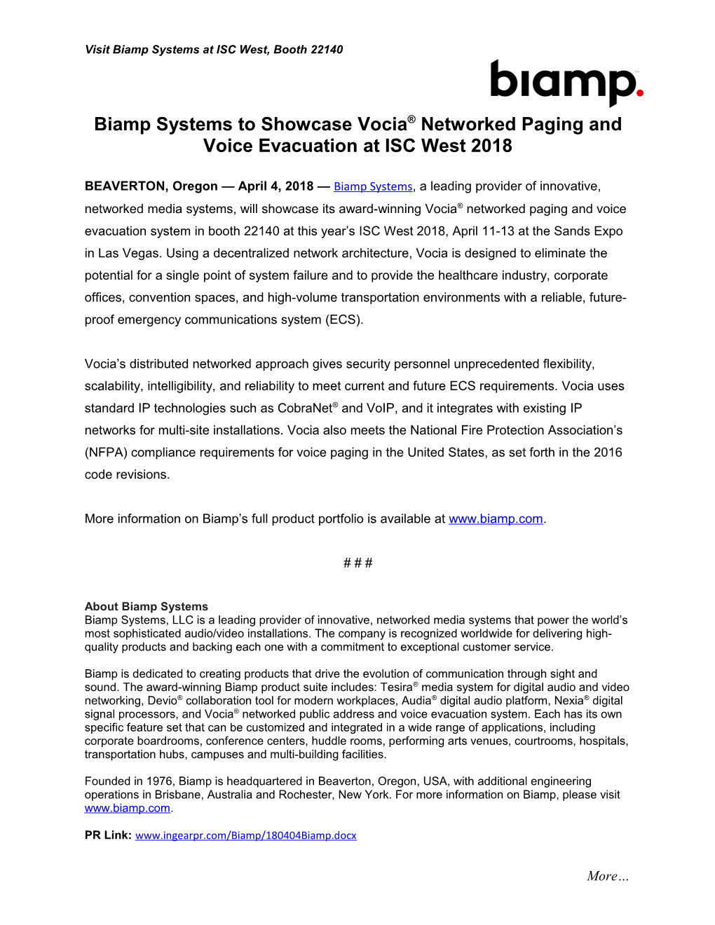 Biamp Systemsto Showcasevocia Networked Paging and Voice Evacuation at ISC West 2018