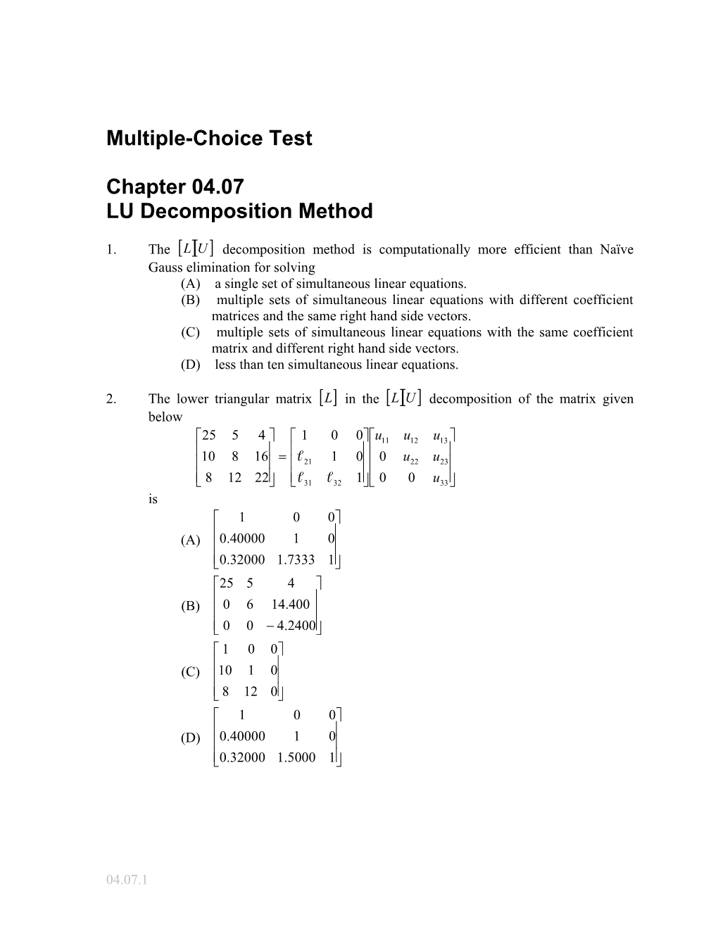 LU Decomposition Method Simultaneous Linear Equations
