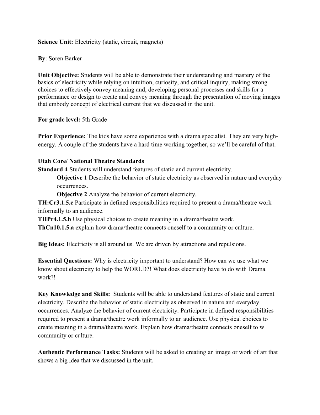 Science Unit: Electricity (Static, Circuit, Magnets)