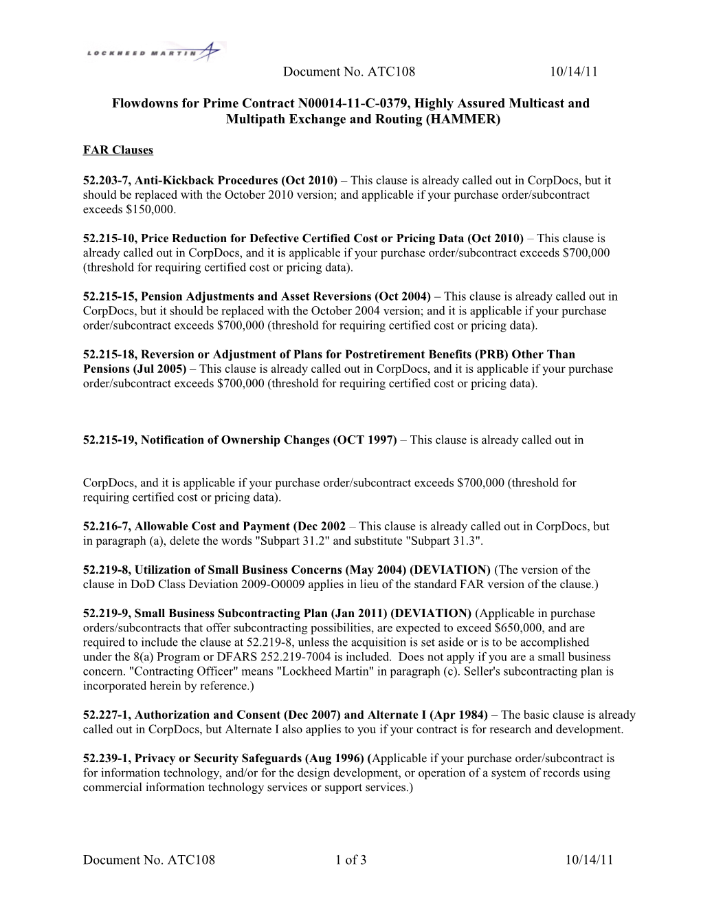 Flowdowns for MKV Contract W9113M-04-D-0001