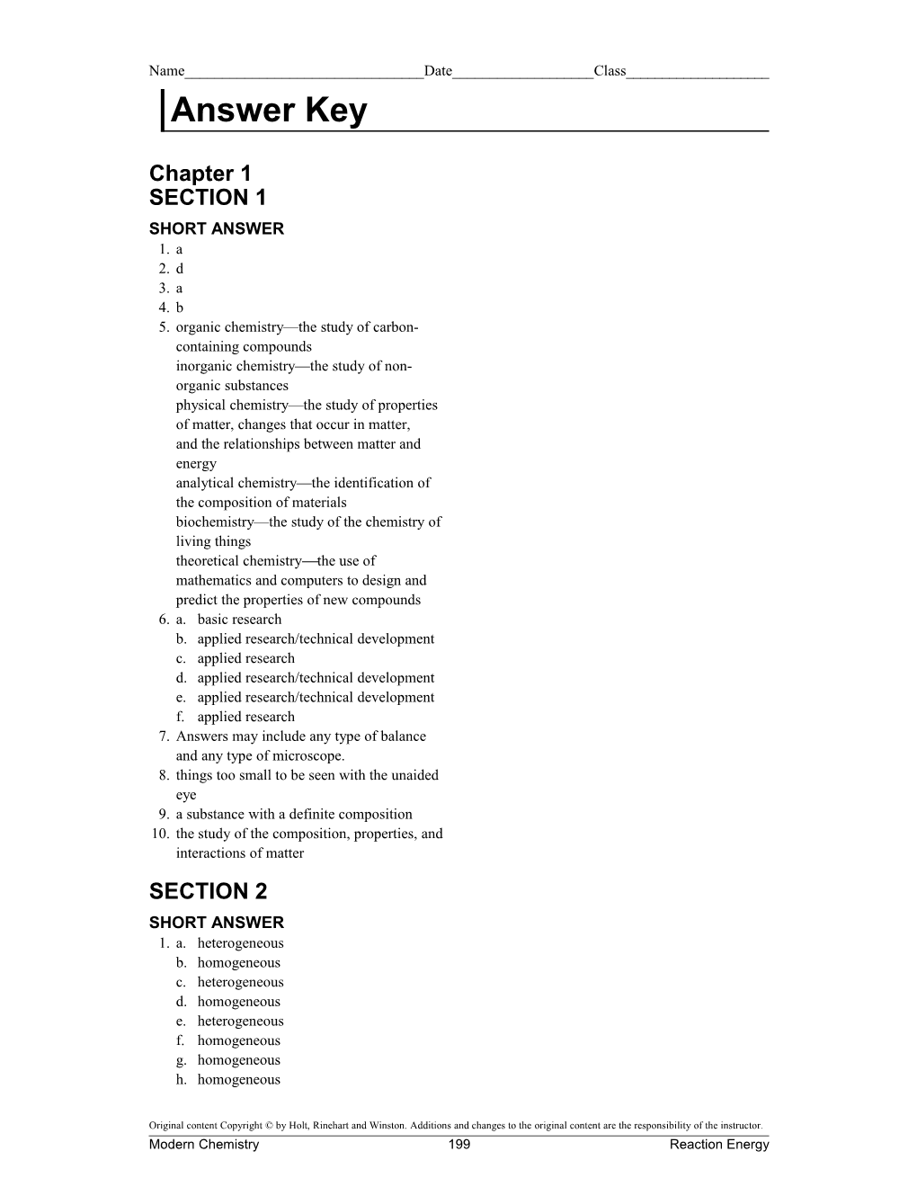 Modern Chemistry 199 Reaction Energy