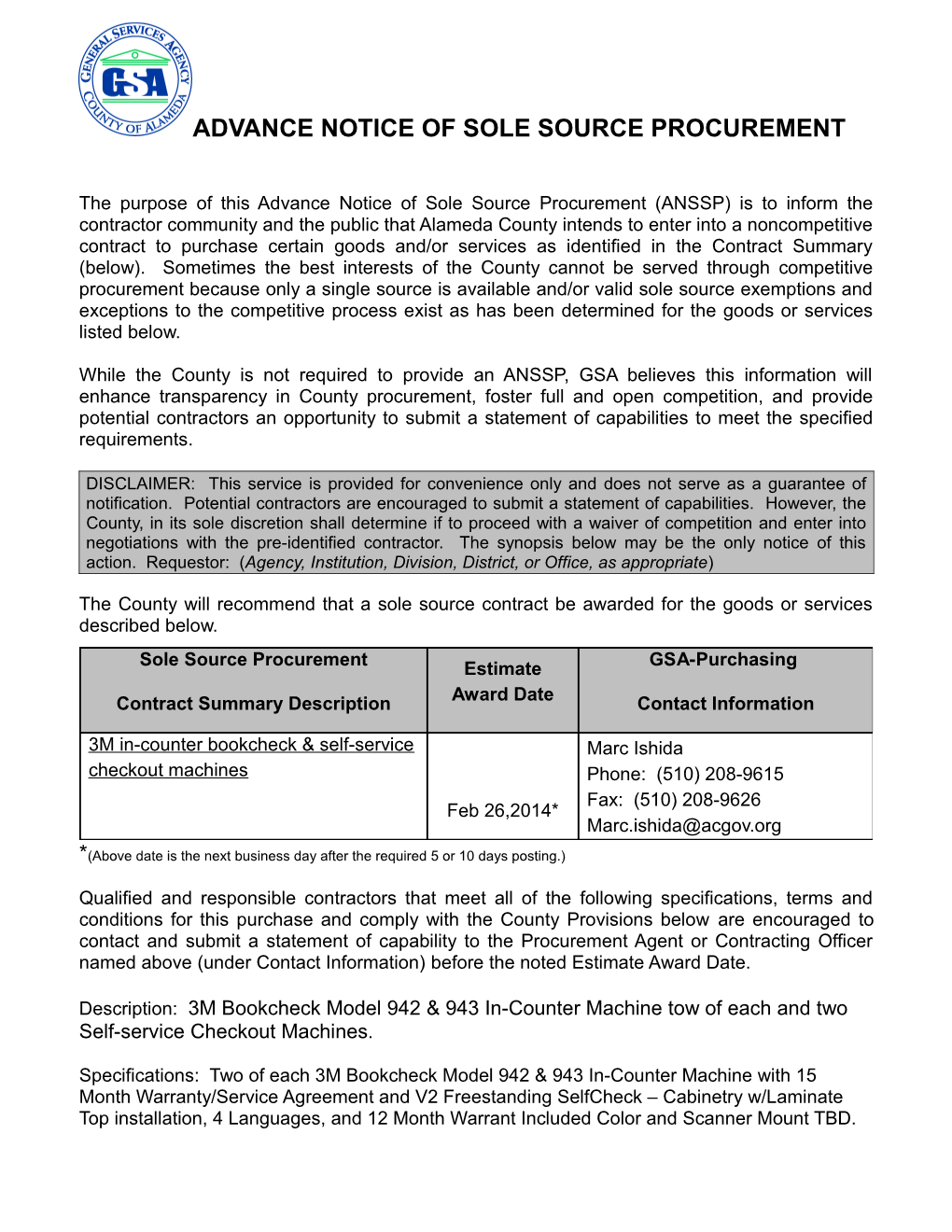 Advance Notice of Sole Source Procurement s3