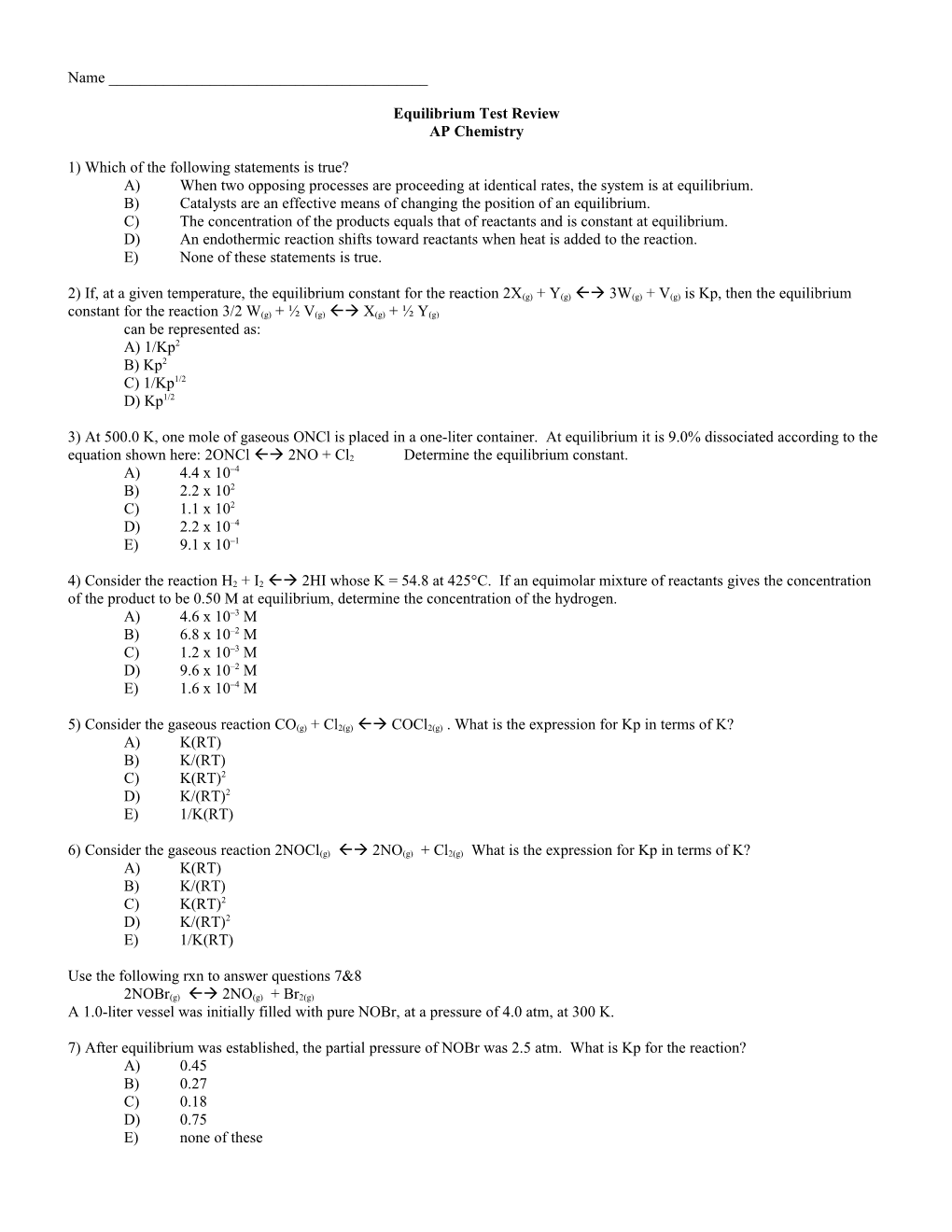 Equilibrium Test Review