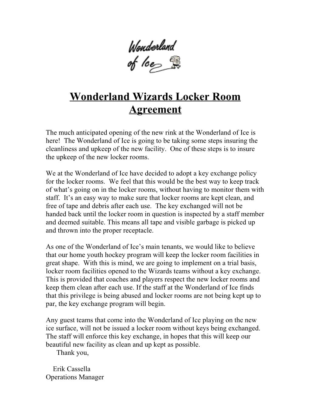 Wonderland Wizards Locker Room Agreement