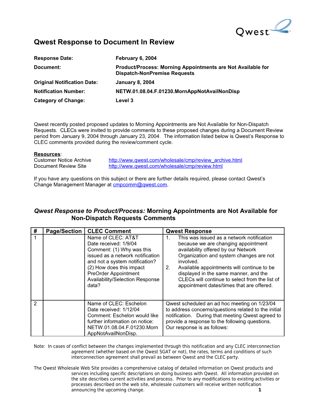 Qwest Response to Document in Review