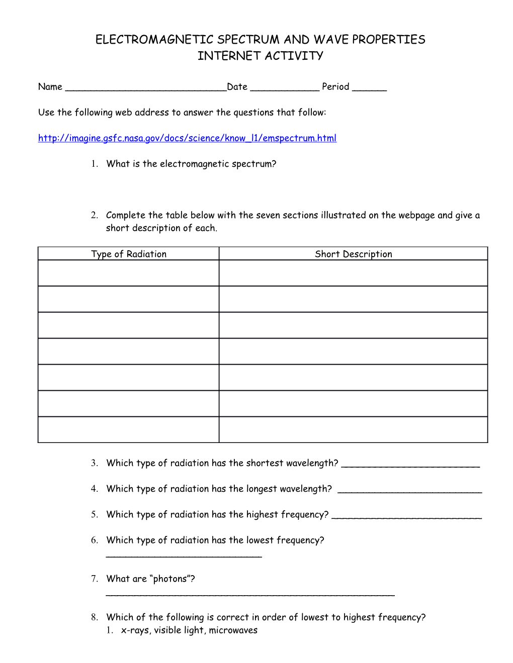 Electromagnetic Spectrum and Wave Properties