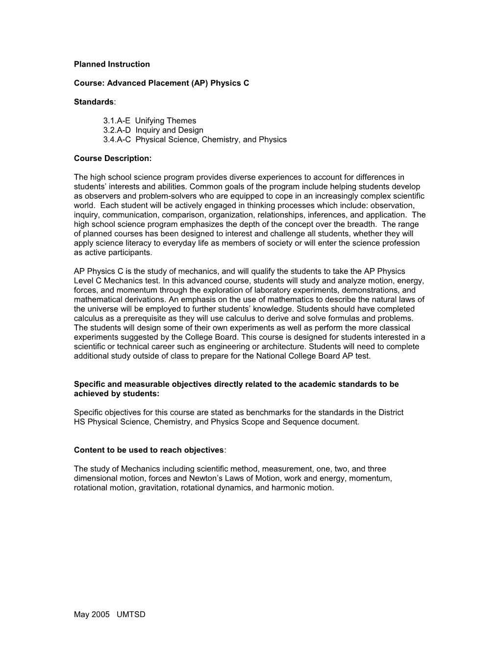 Template for the Development of Planned Instruction