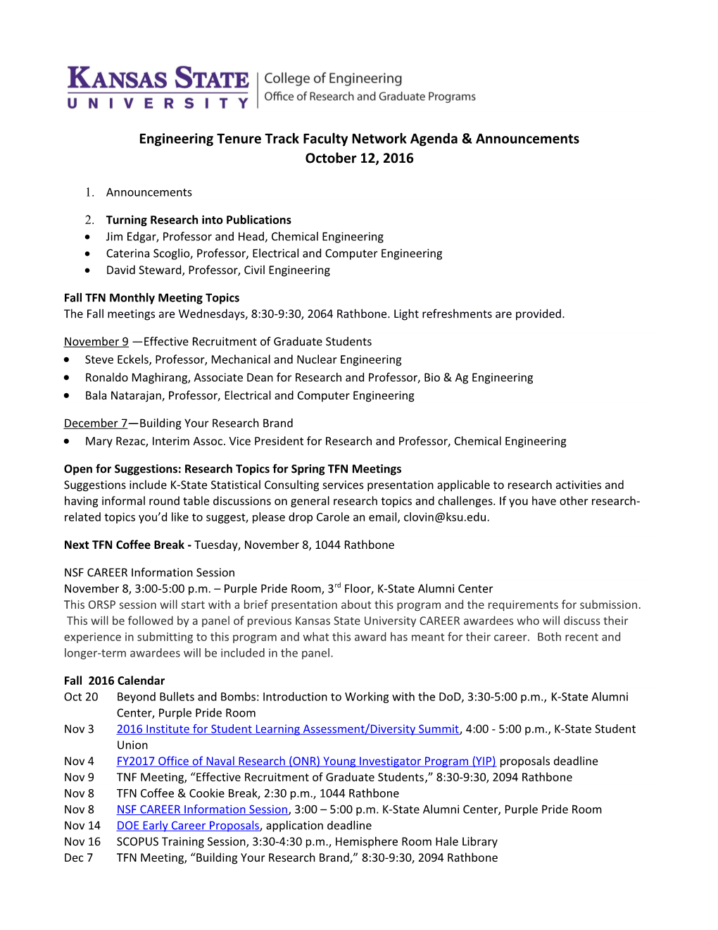 Engineering Tenure Track Faculty Network Agenda & Announcements