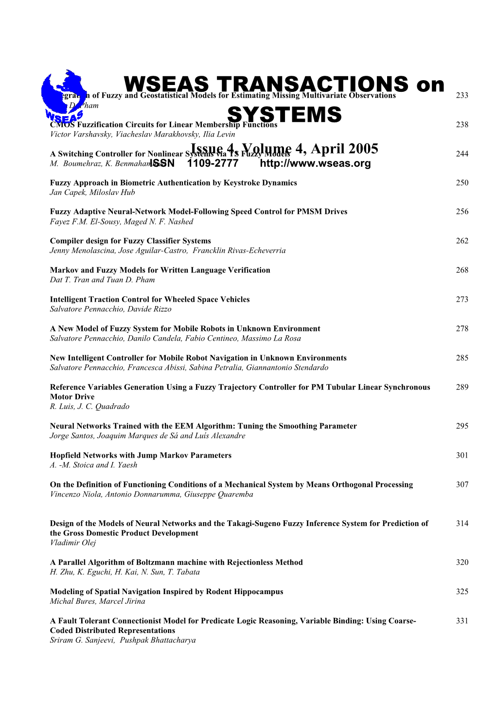 WSEAS TRANSACTIONS on SYSTEMS, April 2005