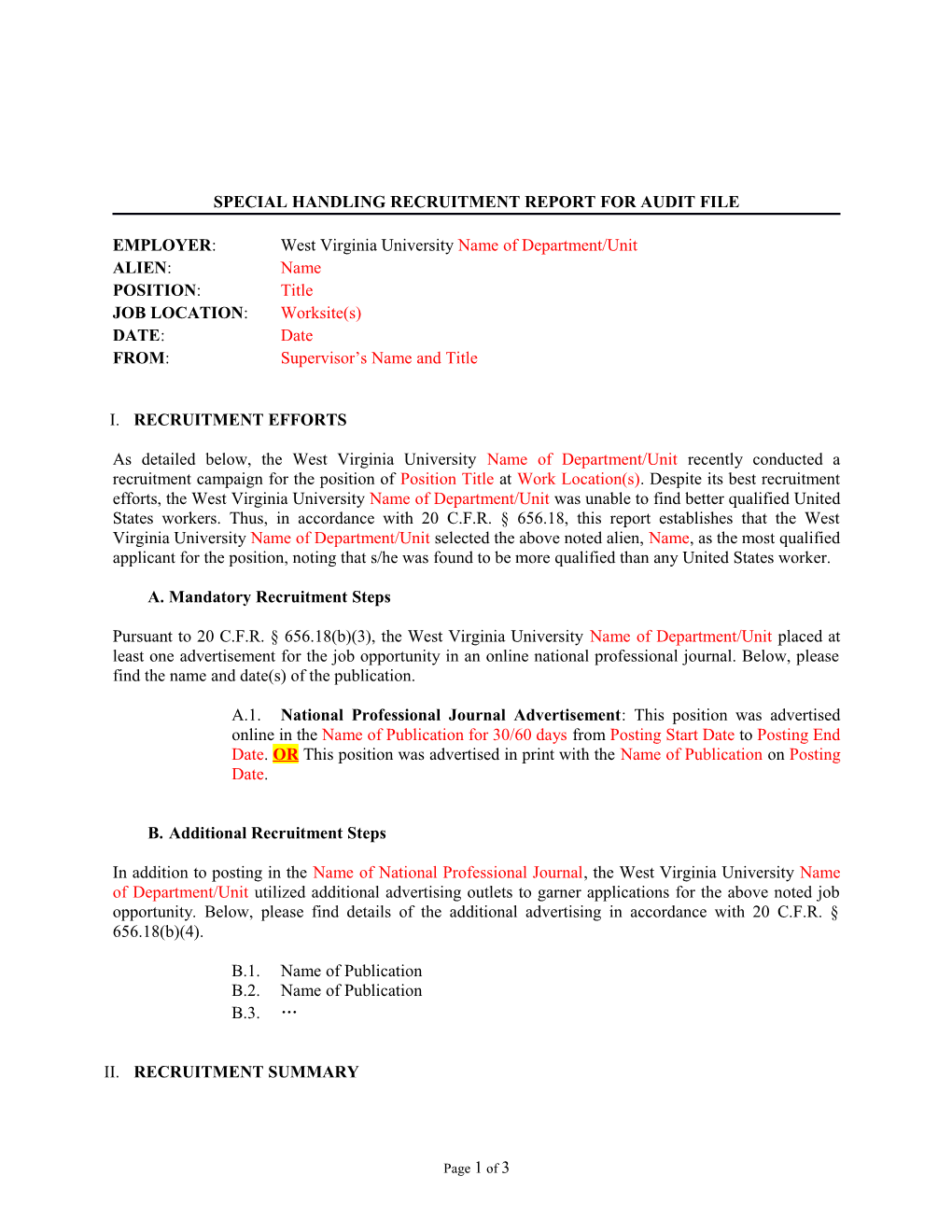 Special Handling Recruitment Report for Audit File