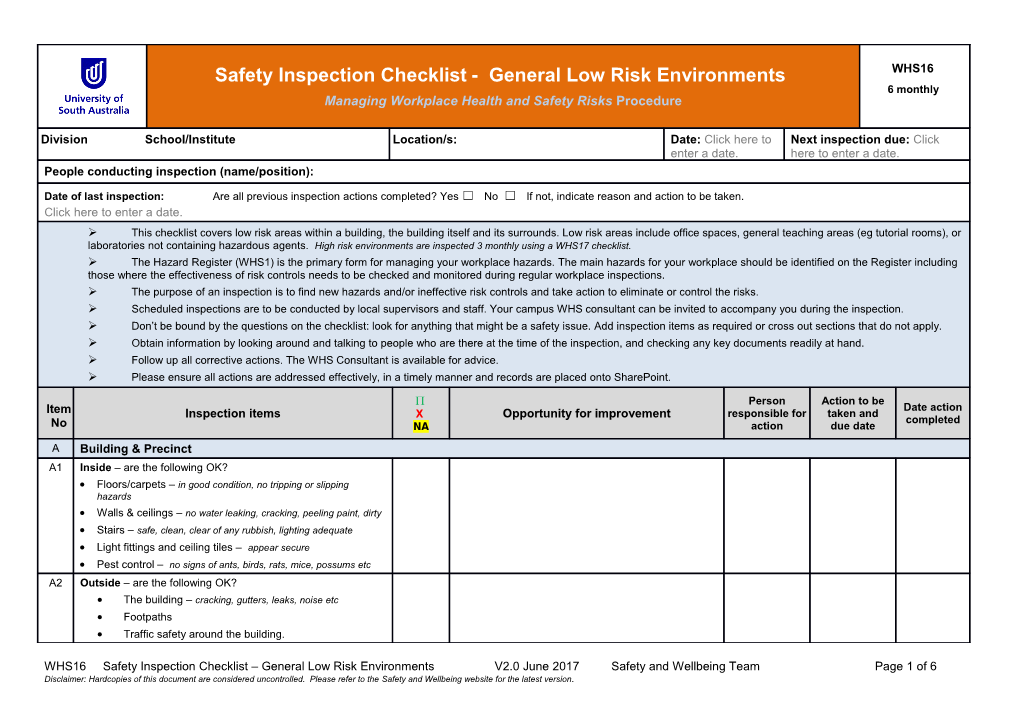 Worksite Inspection Laboratory Environment & Chemical Handling Areas