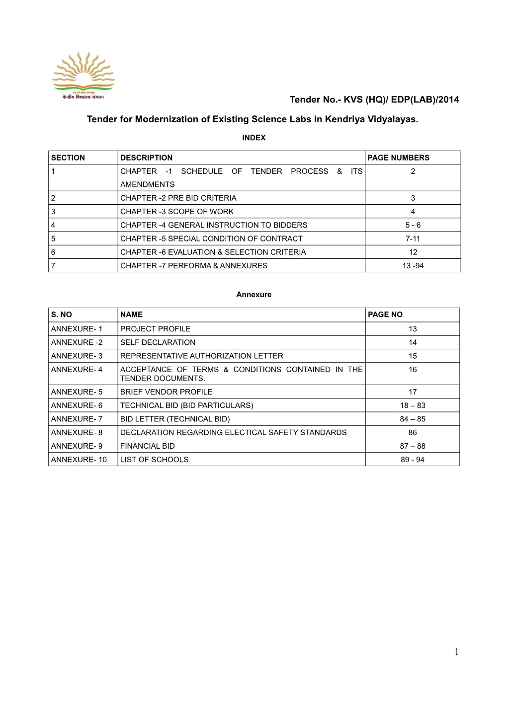 Tender for Modernization of Existing Science Labs in Kendriya Vidyalayas