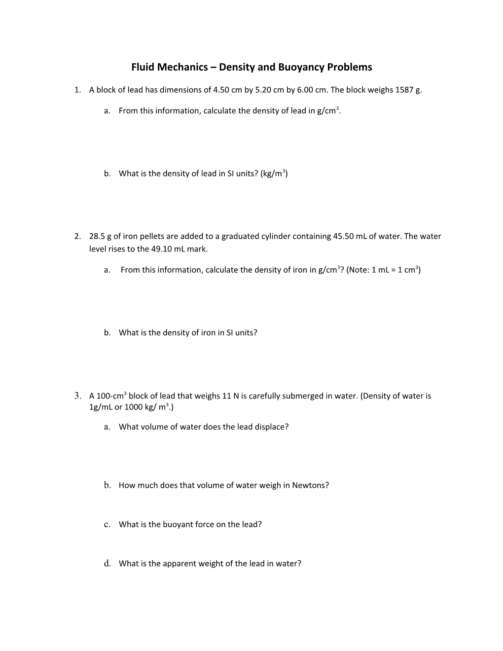 Fluid Mechanics Density and Buoyancy Problems