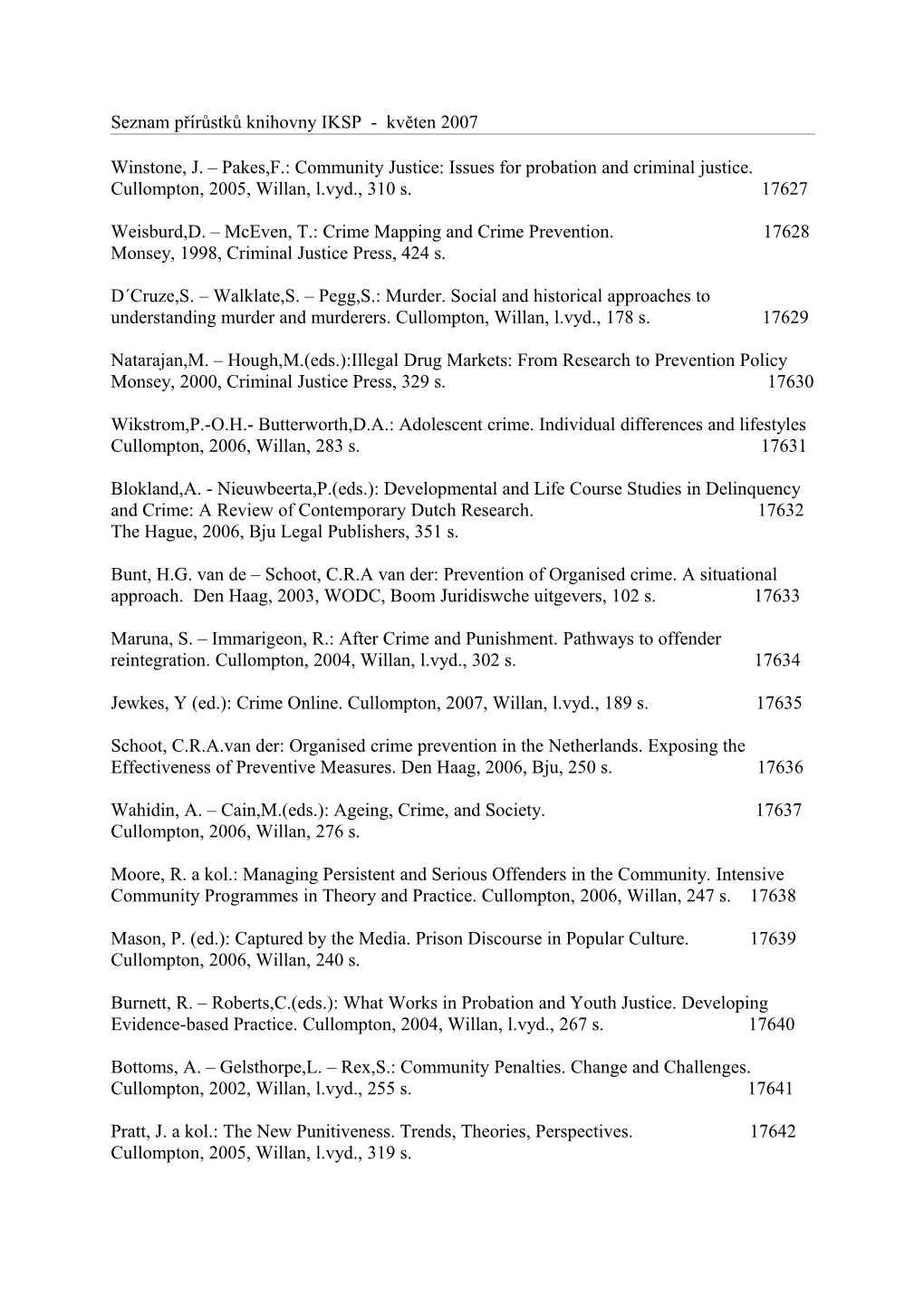 Seznam Přírůstků Knihovny IKSP - Květen 2007