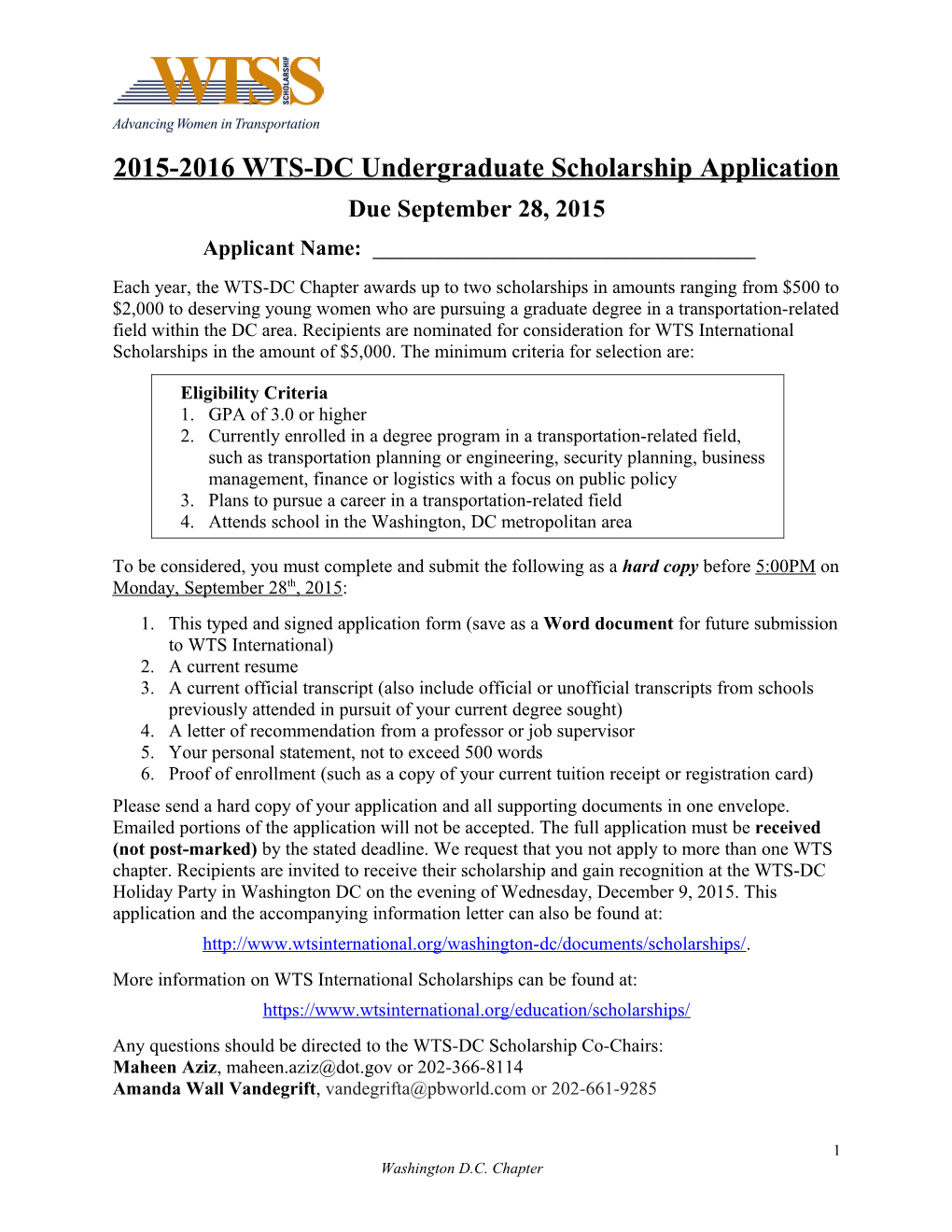 2015-2016 WTS-DC Undergraduate Scholarship Application