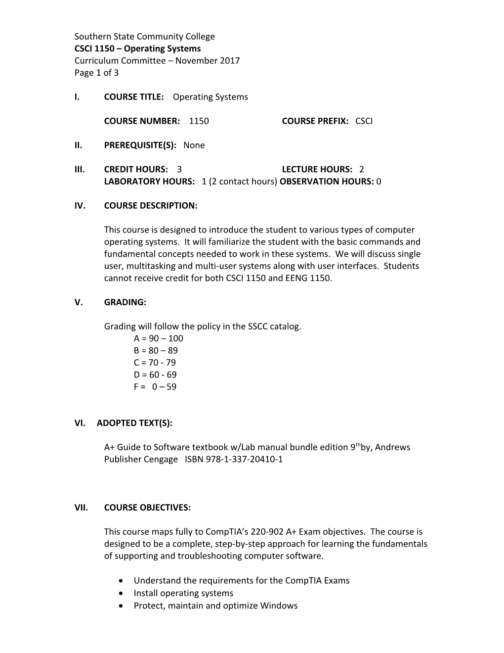 CSCI 1150 Operating Systems