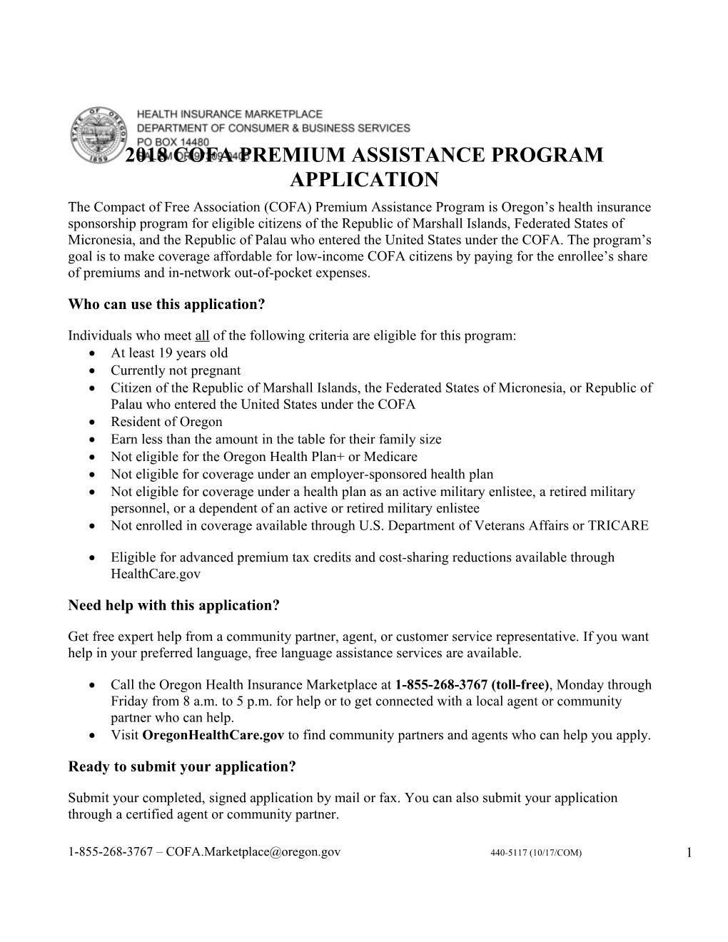 2018COFA Premium Assistance Programapplication