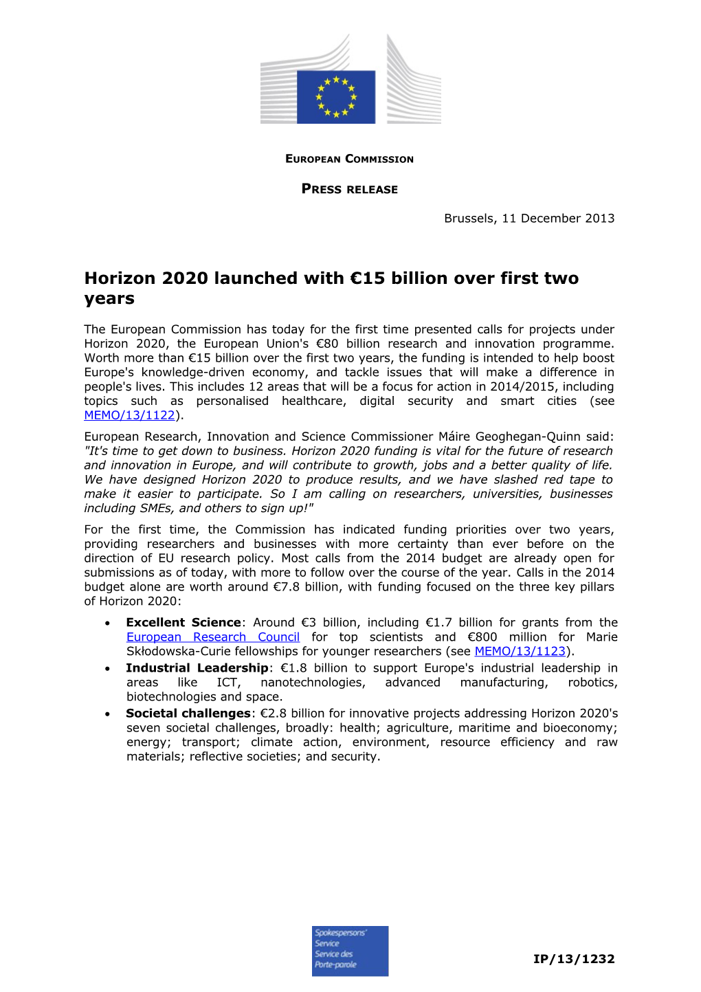 Horizon 2020 Launched with 15 Billion Over First Two Years