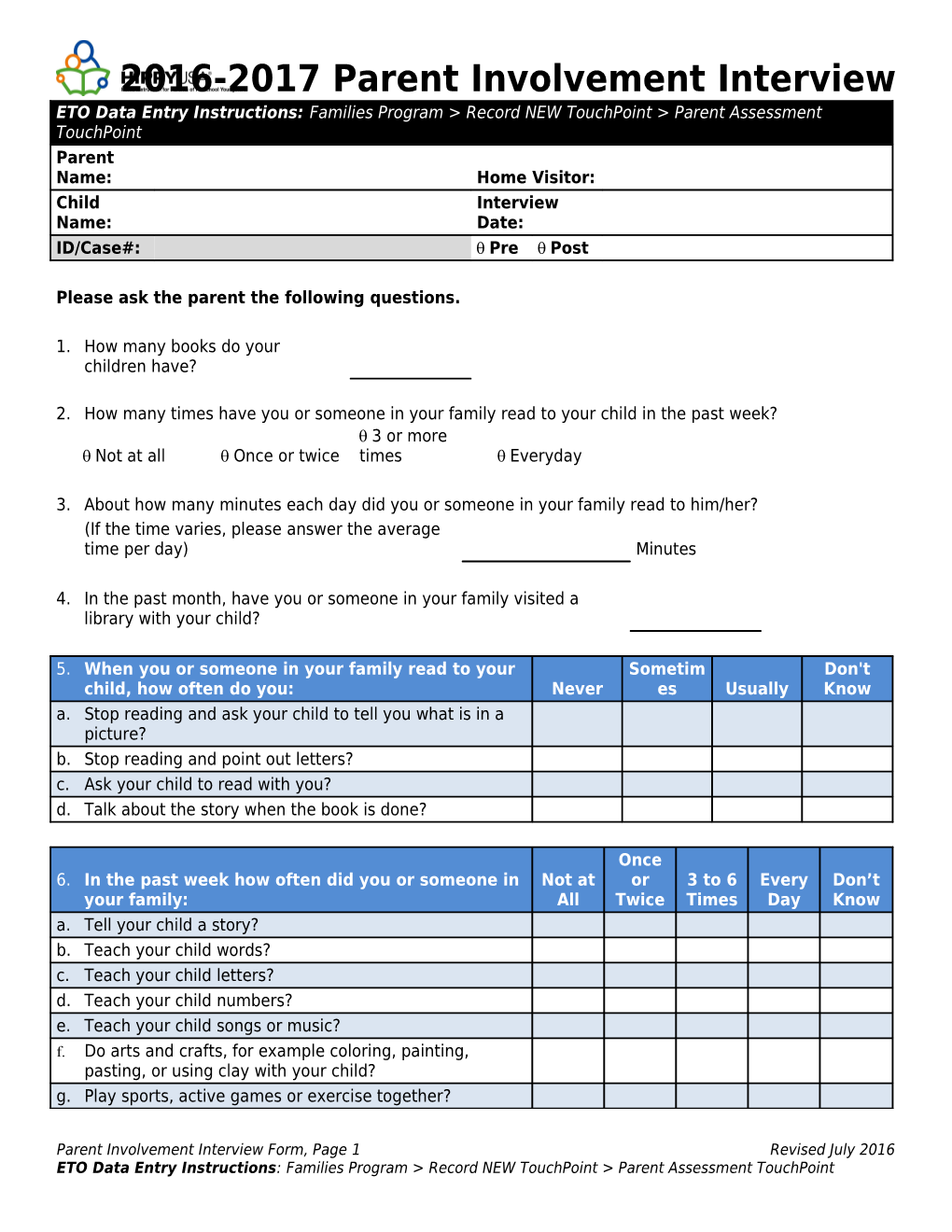 Parent Involvement Interview Form, Page 1 Revised July 2016