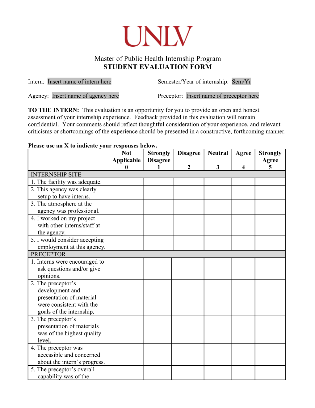 Sample Preceptor Evaluation Sheet