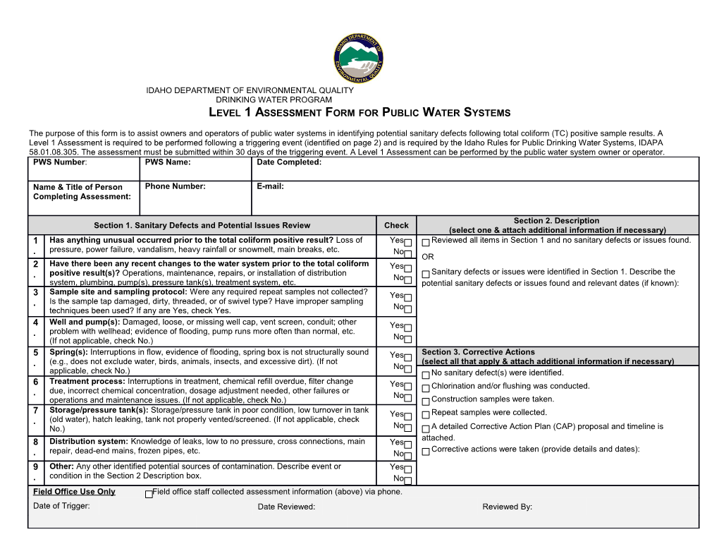 Level 1 Assessment Form for Public Water Systems