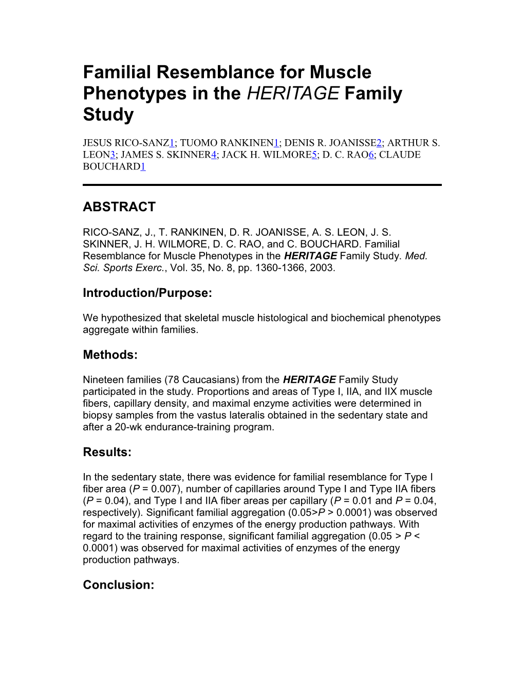 Familial Resemblance for Muscle Phenotypes in the HERITAGE Family Study