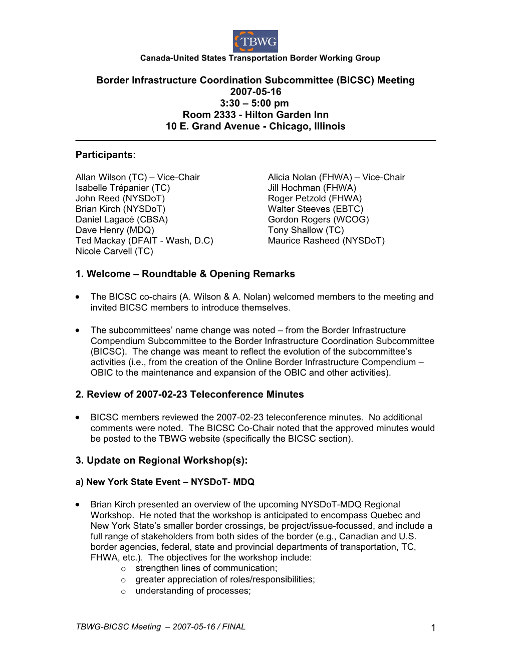 Border Infrastructure Subcommittee Conference Call February 23, 2007