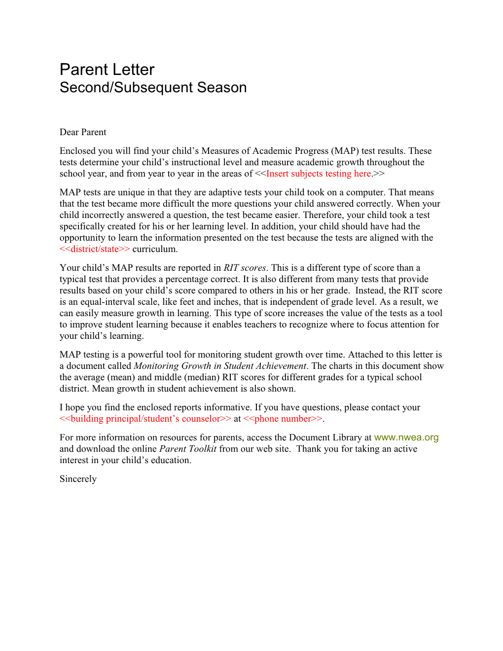 Parent Letter, Second/Subsequent Season