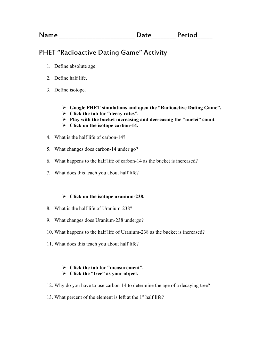 PHET Radioactive Dating Game Activity