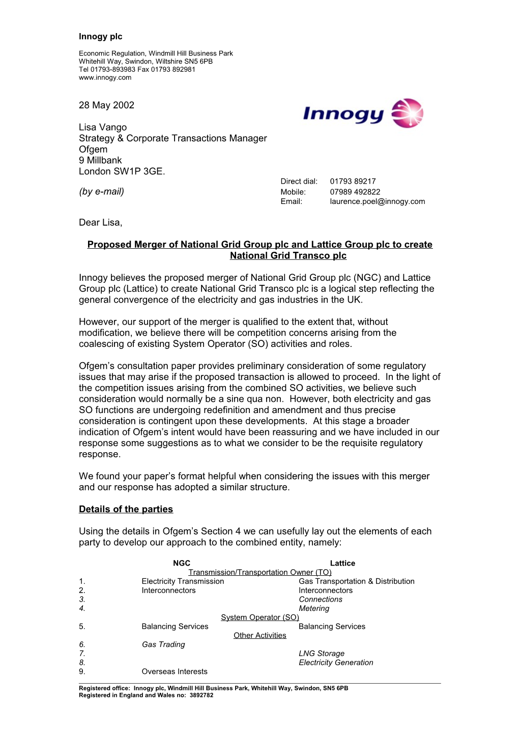 Innogy - Proposed Merger of National Grid Group Plc and Lattice Group Plc to Create National